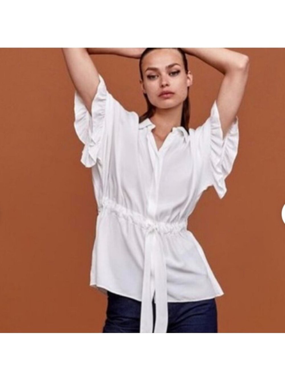Zara white blouse with ruffled sleeves and tie waist